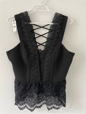 Express Black Lace Peplum Tank with Crisscross Back